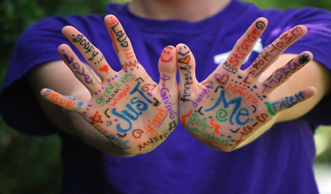 Hands with words describing a person